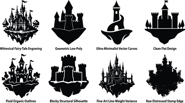 Halloween spooky silhouette vector icon set featuring haunted houses flying bats howling wolves and creepy trees isolated on white background
