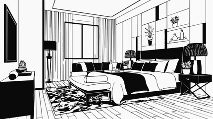 Fototapeta premium Elegant modern bedroom interior design with a luxury bed and minimalist room black and white sketch featuring contemporary furniture and home decor