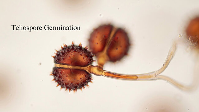 Teliospore germination process under microscope showing fungal spores and hyphae growth  scientific and educational purposes