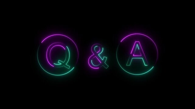 Purple and cyan neon q and a animation bright and q and a letters against a dark background for business communications glowing questions answers sign light glowing questions answers sign light