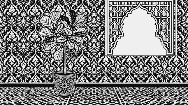 Elegant Islamic Ornamental Interior with Damask Pattern Walls and a Potted Fiddle Leaf Fig Plant