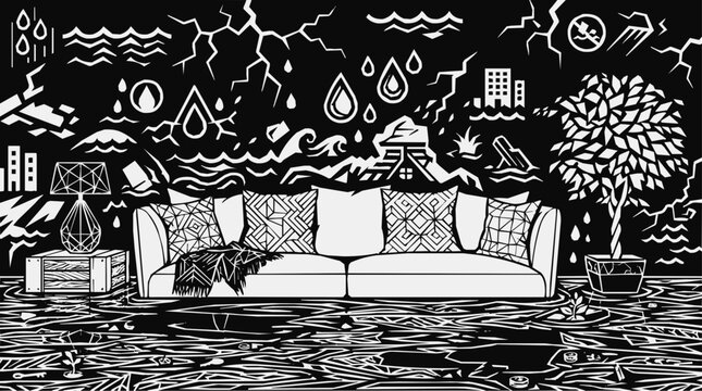 A devastating flood and natural disaster scenario caused by climate change impacting a domestic living room during a global catastrophe.