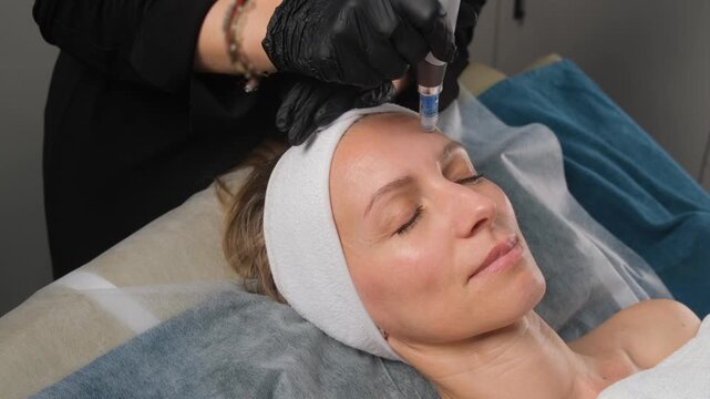 Cosmetologist performing a rejuvenating fractional mesotherapy procedure on a woman's forehead