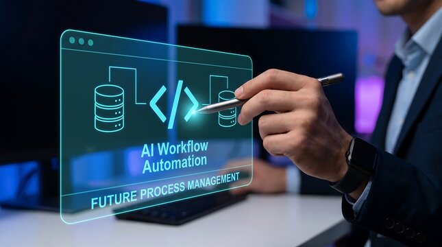 Businessman pointing at glowing AI workflow automation holographic UI