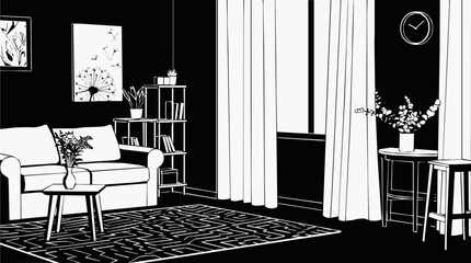 Fototapeta premium Interior of a modern living room in monochrome style featuring stylish furniture, home decor, a sofa, and a geometric rug in minimalist black and