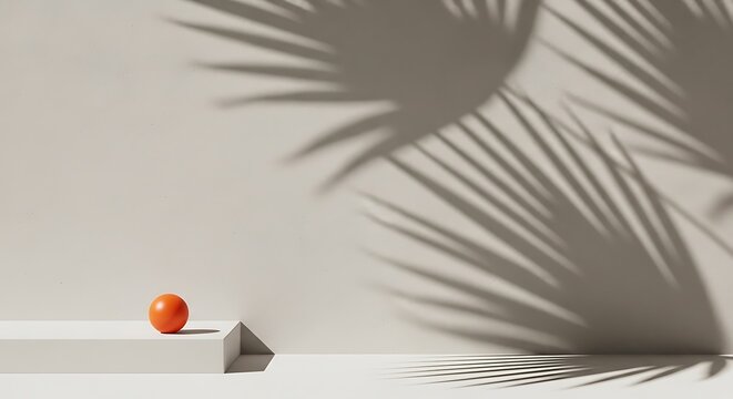 Minimalist Scene with Orange Sphere and Palm Leaf Shadows on Beige Background