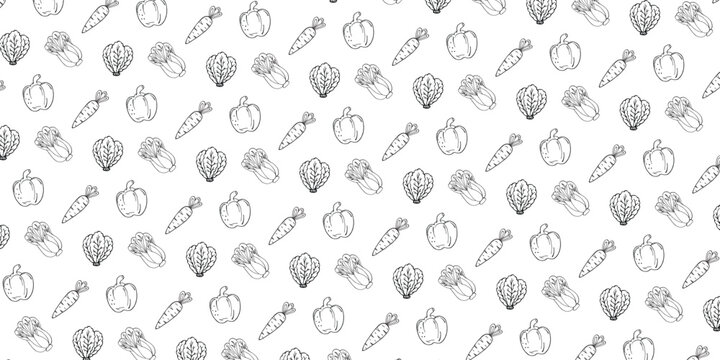 Whimsical hand-drawn vegetable outline pattern creating a seamless background for healthy food themes and culinary designs