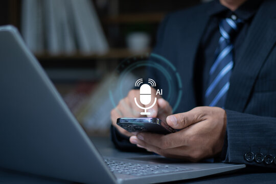 Digital voice assistant concept. User using smartphone with microphone and AI icons, speech recognition, voice command technology and smart communication.