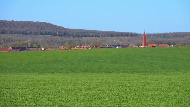 Kleine Ortschaft mit Kirche im Hintergrund eines gro&szlig;en gr&uuml;nen Feldes unter klarem Himmel, Ergersheim, Landkreis Neustadt an der Aisch-Bad Windsheim, Mittelfranken, Bayern, Deutschland