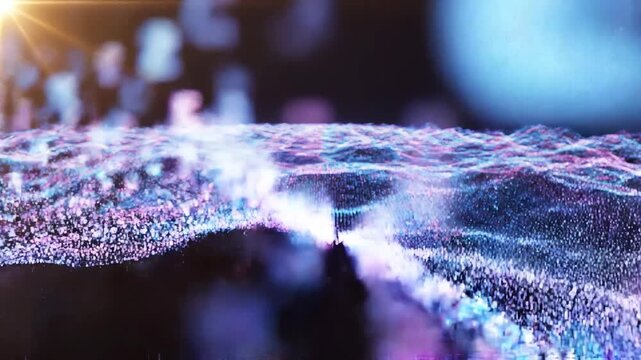 Abstract Digital Landscape of Glowing Particles and Waves.