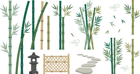 Naklejka premium Bamboo Garden and Zen Landscape Collection Featuring Bamboo Stalks, Japanese Garden Elements, Stone Pathways, and Oriental Nature Illustrations