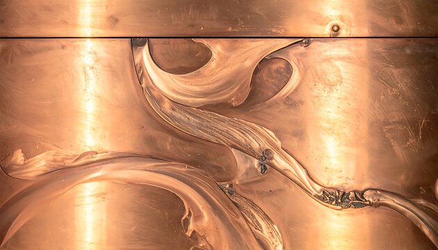 A close-up of a copper surface with intricate swirling patterns and a shiny finish