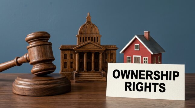Ownership rights concept with judge gavel and house model, real estate law and property litigation symbols, legal justice for homeowners