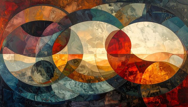Geometric abstraction showcasing intersecting circles in an array of warm hues, with a gradient effect. The interplay of light and shadow creates depth