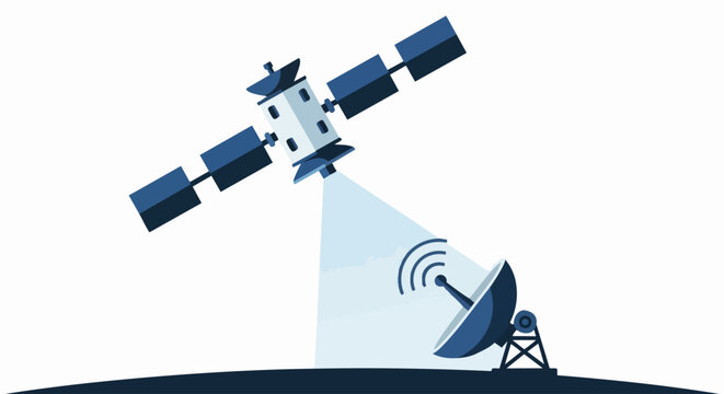 Global Satellite Communication Vector Illustration with Parabolic Dish Antenna and Data Signal Transmission Beam
