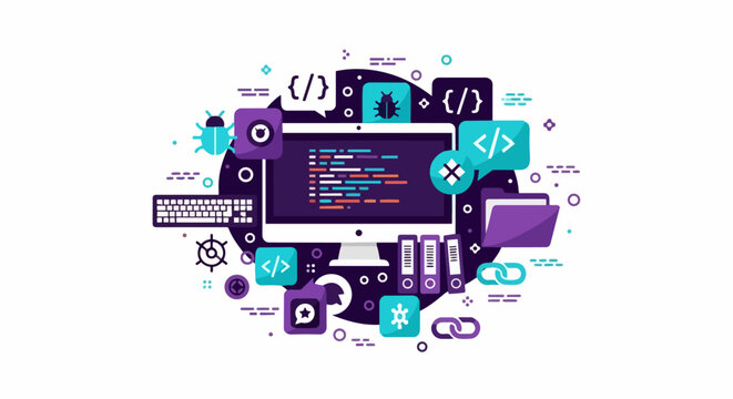 Software Development and Programming Vector Illustration with Code Screen, Bug Fixing, and Web Design Elements