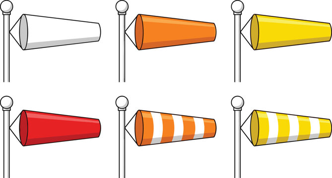 Colorful Windsock Icon Set on Metal Poles for Weather Forecasting, Airport Runway Safety, Wind Speed Measurement, and Meteorological Graphic Vector Designs