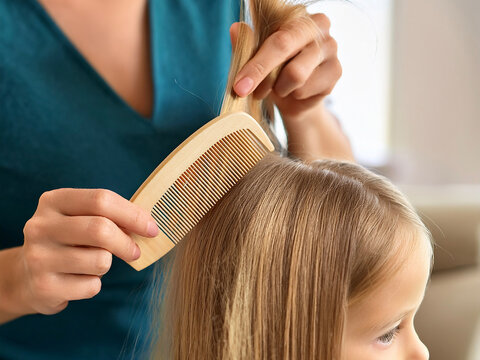 Mother combing a long hair of her daughter with a comb to check for nits