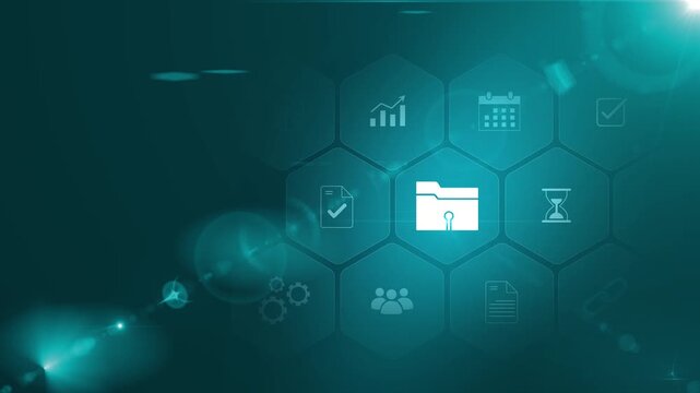 Businessman using the tab and analyzing open data, public datasets, data transparency, information access, analytics research. 3d Motion graphics of technology icon interface background