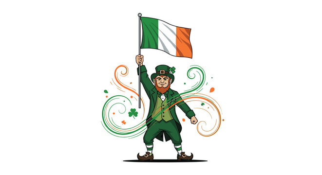 Jolly leprechaun in traditional green outfit holding an irish flag and standing amidst decorative shamrock swirls.