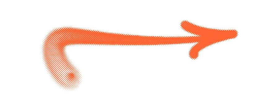 Orange spray paint halftone arrow symbol displaying straight forward pointer line for business progress timeline chart slideshow website layout header design element isolated clip art.
