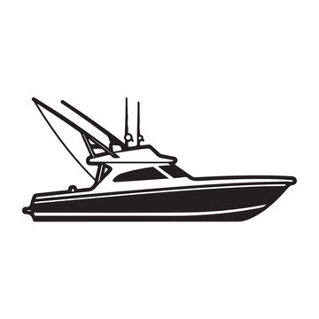 Sport fishing boat vector icon with outriggers and cabin for marine recreation and nautical branding