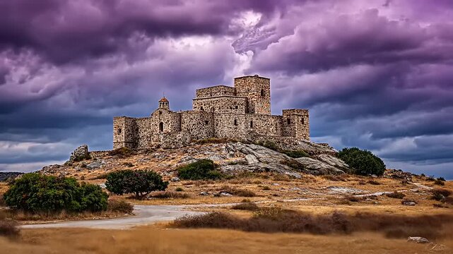 Ancient stone castle on hilltop landscape.