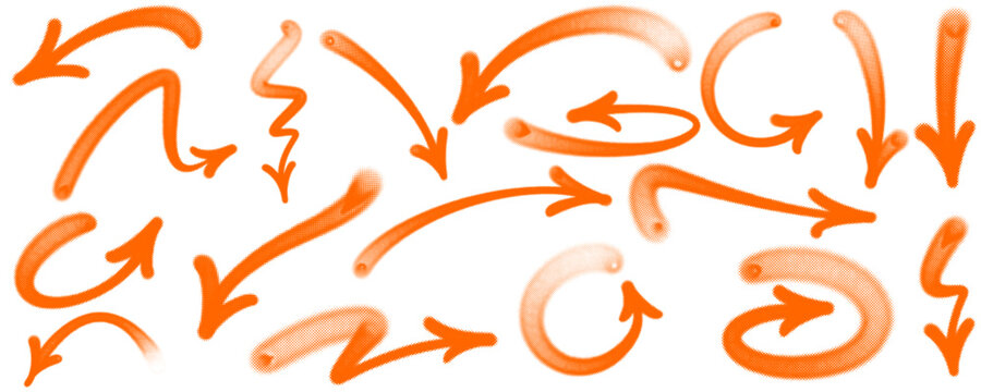 Orange spray paint halftone arrow set displaying organic ink splashes pointers lines bundle for business presentation marketing chart web interface decoration element isolated clip art.