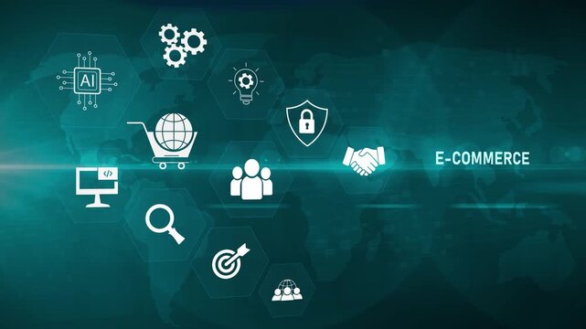 Online seller e-commerce interface on digital screen, digital marketplace platform, online shopping system, payment gateway and Motion graphics of shopping concept