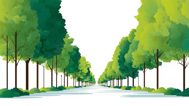 Tree Avenue Vector Illustration with Pathway on White Background
