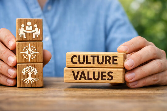 Culture values are displayed on stacked wooden blocks held by hands in front of icons depicting people, a compass, and a tree, emphasizing the importance of core company philosophy.