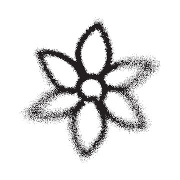 Black and white icon of flower. Hand-drawn graffiti-style blossom symbol isolated with spray paint effect and aerosol painting texture for Women's Day, spring, summer, holiday cards and branding