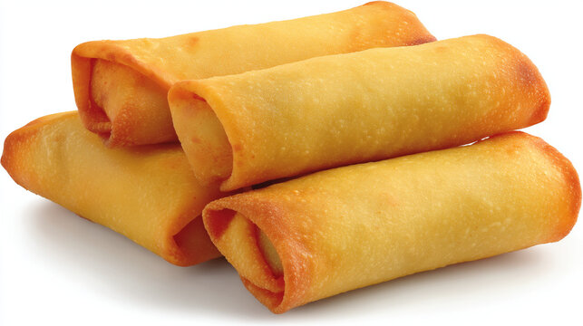 Crispy deep fried golden spring rolls stacked on white background with side dish