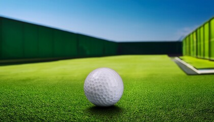 Fototapeta premium white golf ball with black dot rests on green field enclosed by green wall golf simulator in background golf simulator