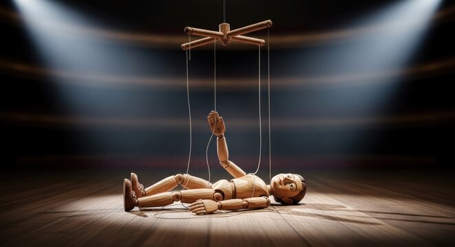 A wooden marionette puppet lying on a stage floor, attached to strings leading to a control bar above.