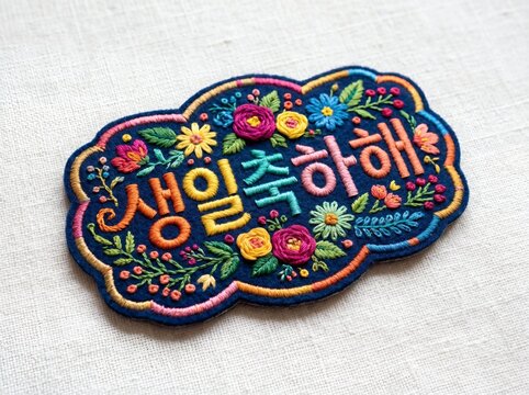 정교한 꽃 자수 수공예 패치 한글 생일축하해 레터링