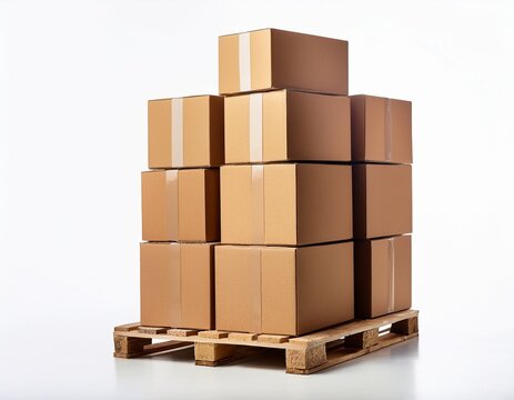 stack of brown cardboard shipping boxes arranged in layers on wooden pallet for logistics isolated on a white background