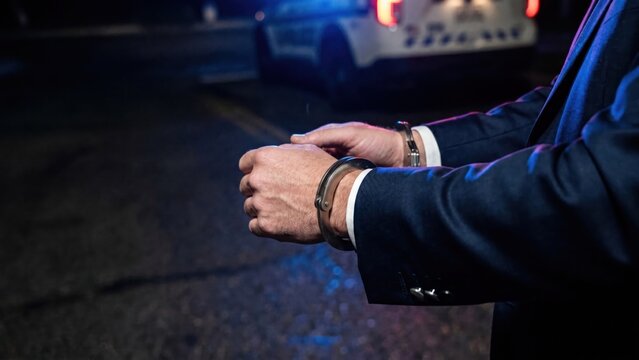 Executive in Handcuffs Facing Arrest in Luxury Suit During Nighttime Encounter