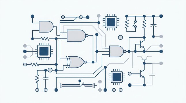 Digital Circuit Board Schematic with Microprocessors Logic Gates and Electronic Components