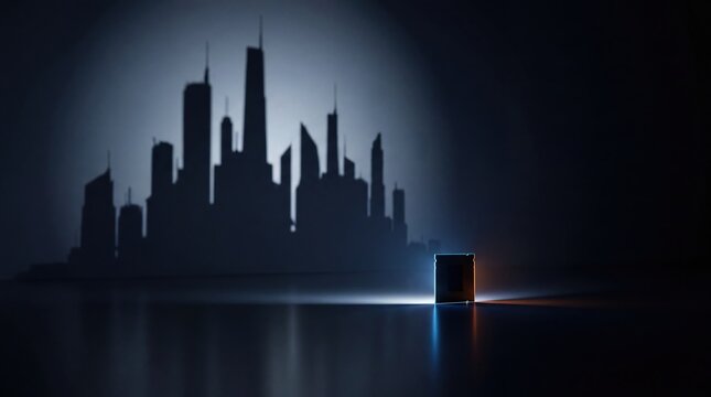 Illuminated IC chip casting city skyline shadow in dark environment artistic concept