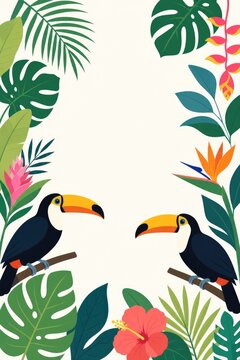 Vibrant pair of colorful tropical toco toucans perched on branches amidst lush green foliage, hibiscus flowers, and exotic plants, cheerful tropical bird illustration, vibrant nature art