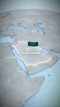 Vertical 3D map animation of Saudi Arabia with a pulsating highlight, national flag, and text label over a clean metallic design, perfect for news broadcasts and geopolitical presentations.
