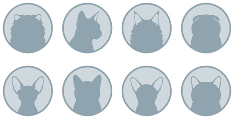 Collection of eight stylized cat head silhouettes in circular frames, presented in shades of blue and grey. © Riki