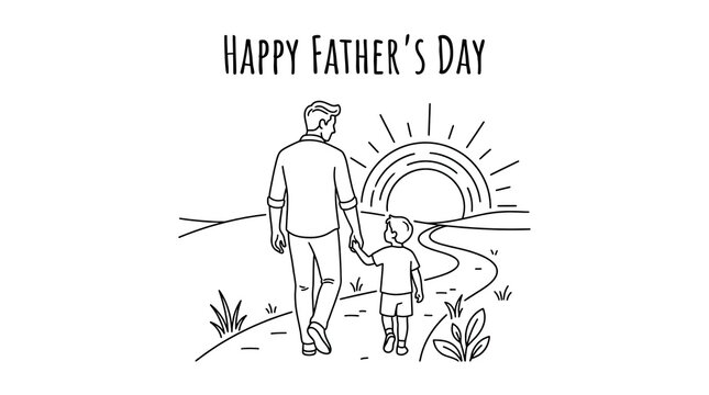 Happy fathers day card with father and son walking together