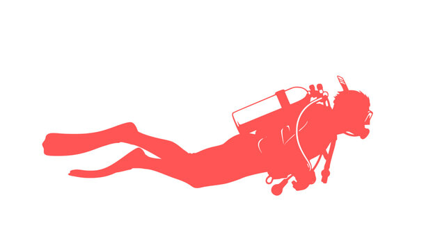 Silhouette of scuba diver swimming underwater with fins and oxygen tank, snorkeling gear, underwater exploration, deep sea diving adventure, isolated black figure on white background See Less
