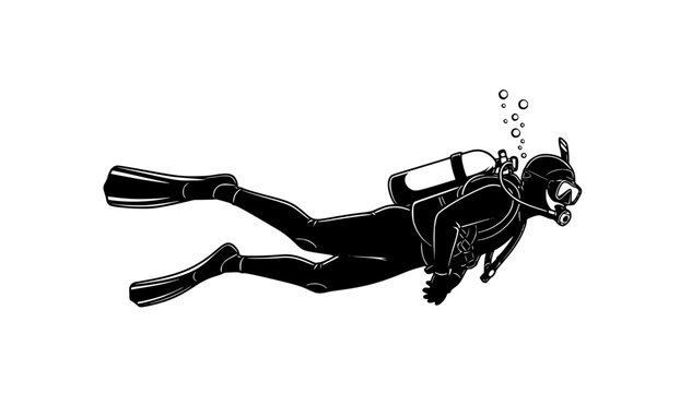 Silhouette of scuba diver swimming underwater with fins and oxygen tank, snorkeling gear, underwater exploration, deep sea diving adventure, isolated black figure on white background See Less