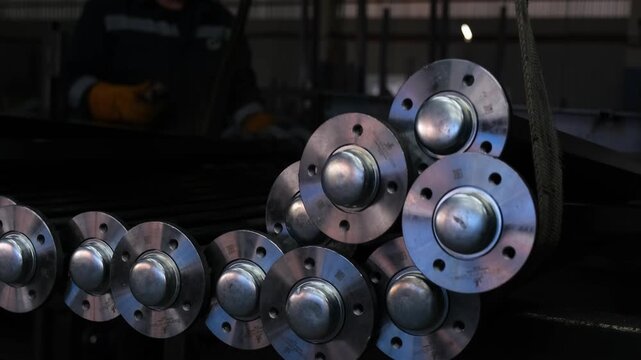 Close-up of steel pipe flanges being lifted by crane sling, industrial material handling process, 4K