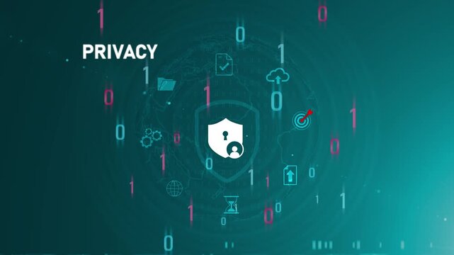 Business privacy, data protection, personal information security, GDPR compliance, digital trust, user confidentiality, online safety, identity protection, Motion graphics of data privacy concept
