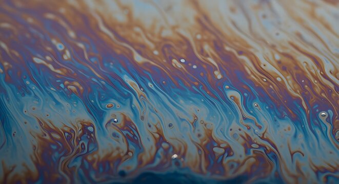 Close-up of an iridescent oil slick floating on water, showcasing swirling patterns of pollution, environmental impact, and chemical contamination in natural waterways