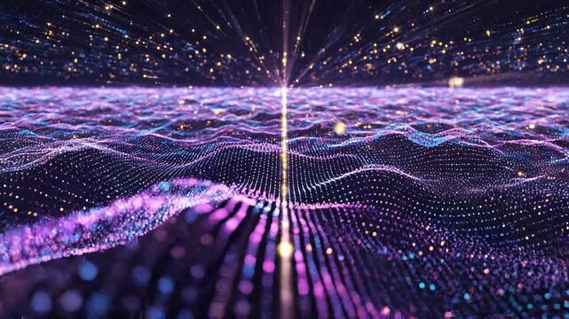 Abstract Digital Landscape of Glowing Particles and Waves.